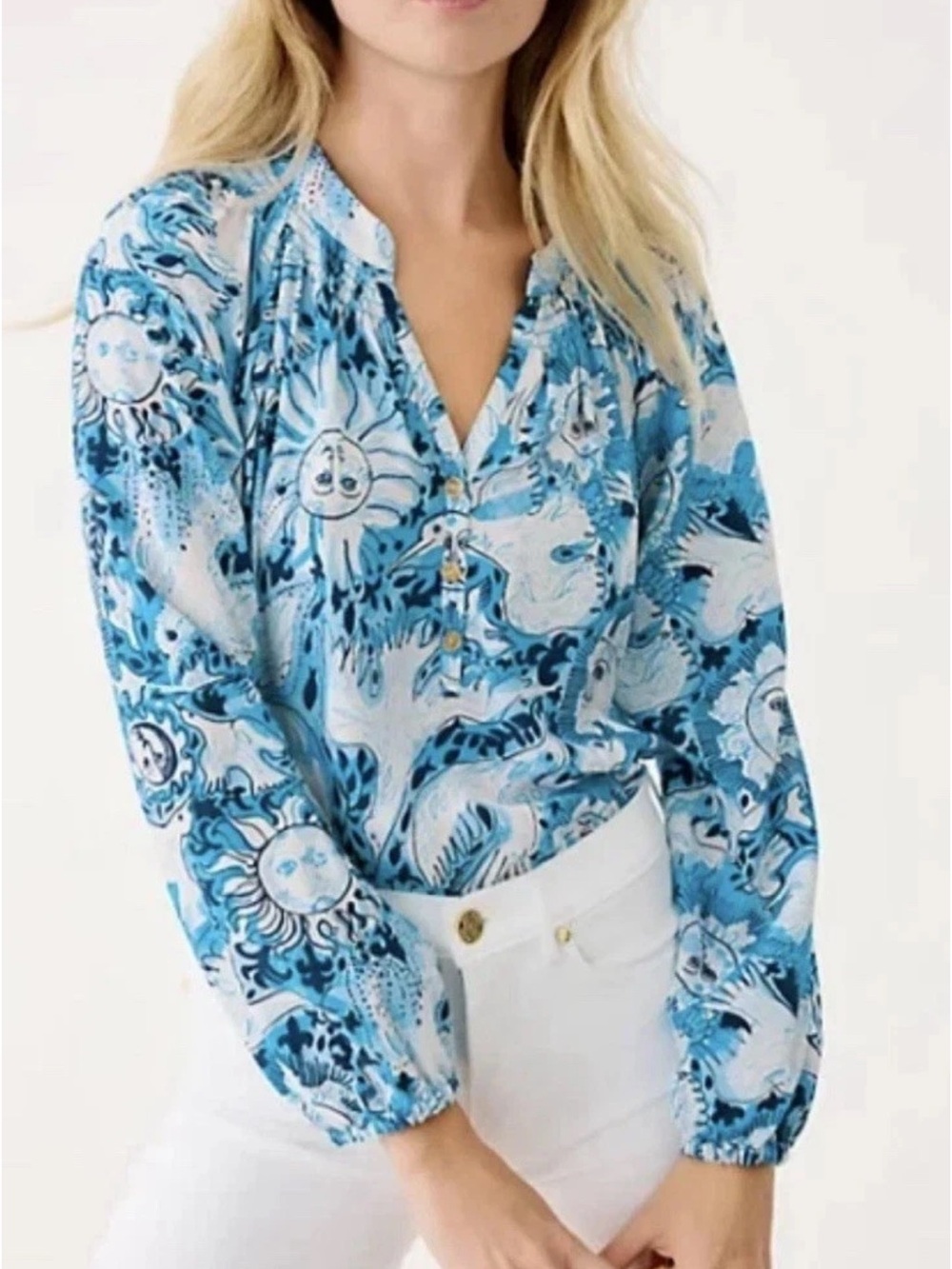 Lilly Pulitzer Elsa Silk Blouse Lilly Gulls Bellevue Blue Sun $178 New Large